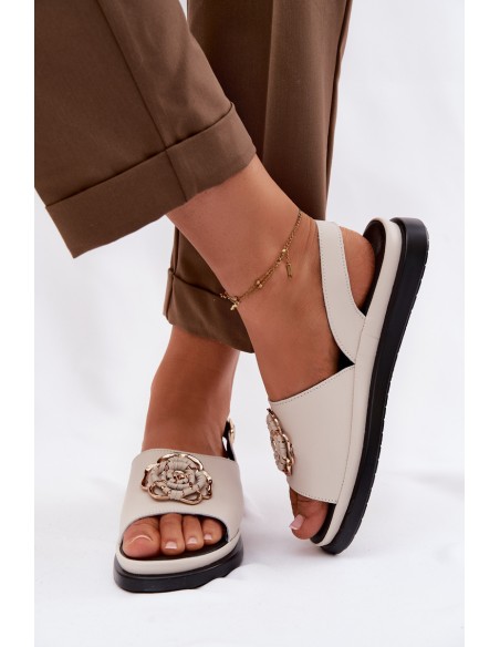 Leather Women's Sandals With Decorative Detail D&A GR61-5937 Beige