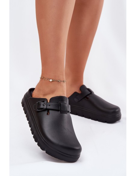 Women Foam Slippers With Strap And Buckle Black Larinie