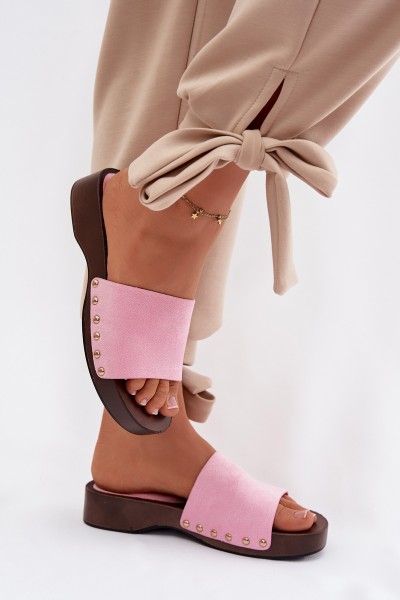 Women's Pink Flat Slides With Gold Buckles Ferinna