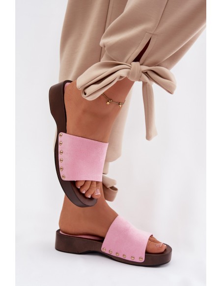 Women's Pink Flat Slides With Gold Buckles Ferinna