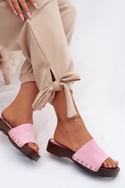 Women's Pink Flat Slides With Gold Buckles Ferinna 2