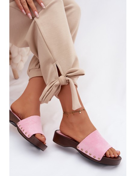 Women's Pink Flat Slides With Gold Buckles Ferinna