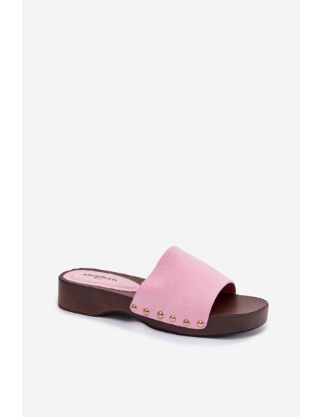 Women's Pink Flat Slides With Gold Buckles Ferinna