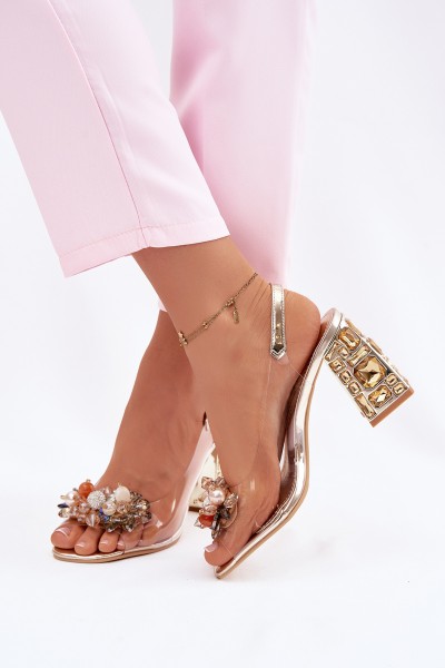 Transparent Block Heel Sandals With Crystals Vinceza 70121 Gold