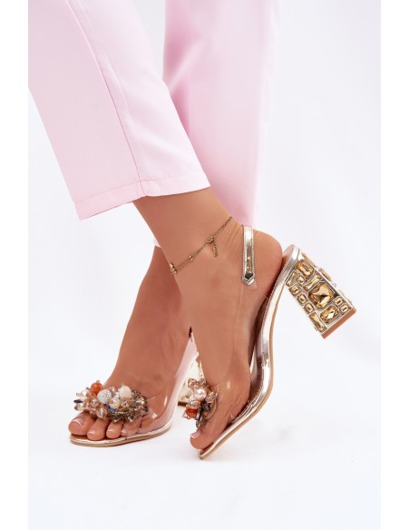 Transparent Block Heel Sandals With Crystals Vinceza 70121 Gold