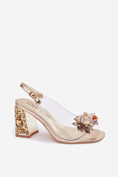 Transparent Block Heel Sandals With Crystals Vinceza 70121 Gold 2