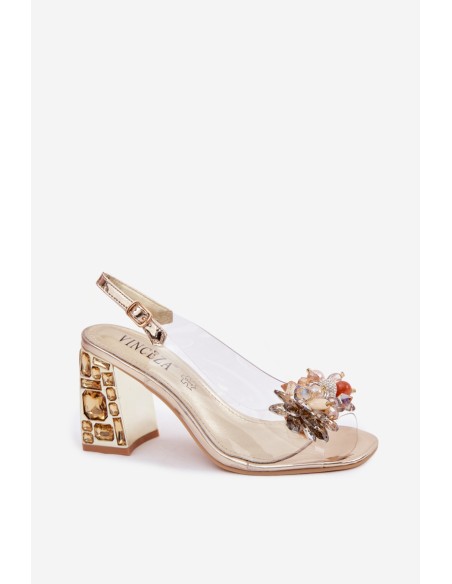 Transparent Block Heel Sandals With Crystals Vinceza 70121 Gold
