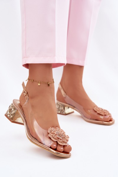 Transparent Sandals with Block Heel with Crystals and Flower Vinceza 70122 Champagne