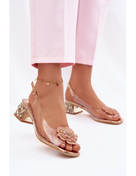 Transparent Sandals with Block Heel with Crystals and Flower Vinceza 70122 Champagne