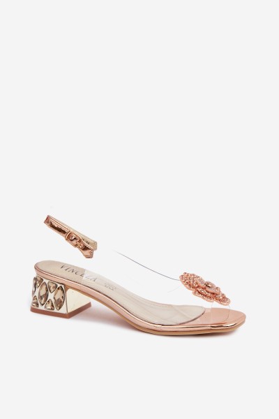 Transparent Sandals with Block Heel with Crystals and Flower Vinceza 70122 Champagne 2