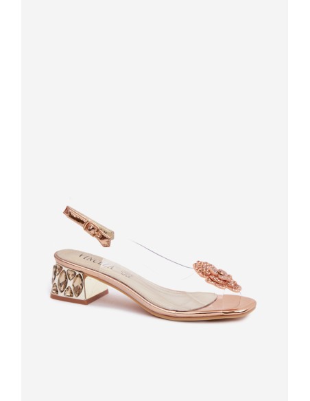Transparent Sandals with Block Heel with Crystals and Flower Vinceza 70122 Champagne