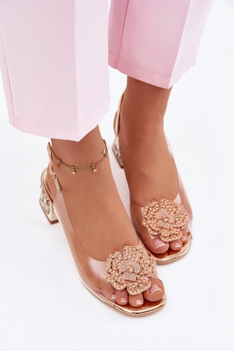 Transparent Sandals with Block Heel with Crystals and Flower Vinceza 70122 Champagne