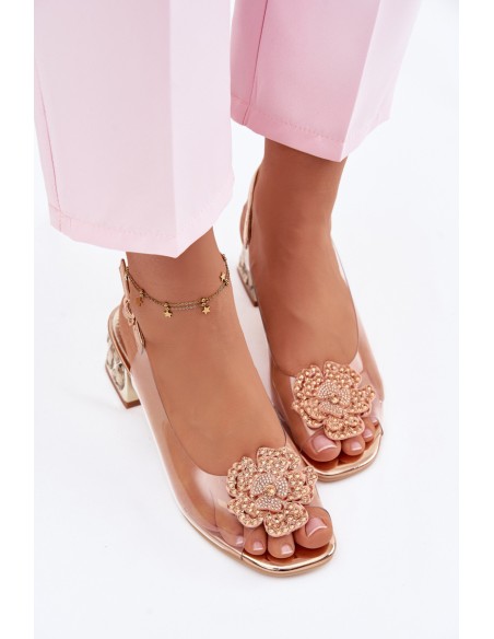 Transparent Sandals with Block Heel with Crystals and Flower Vinceza 70122 Champagne