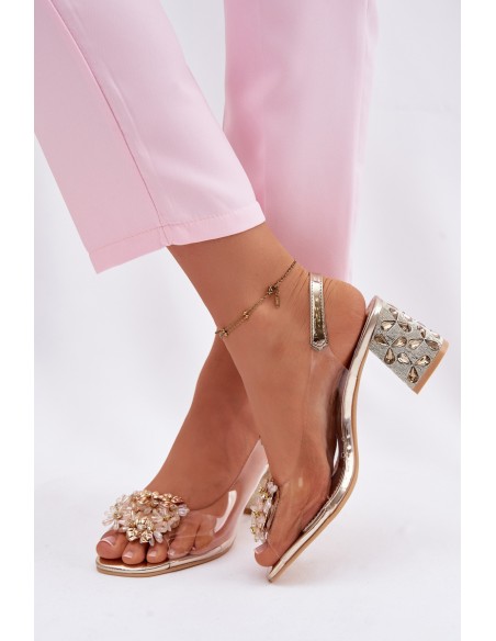 Transparent Block Heel Sandals with Crystals Vinceza 70124 Gold