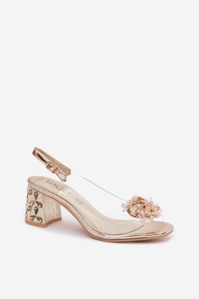 Transparent Block Heel Sandals with Crystals Vinceza 70124 Gold 2