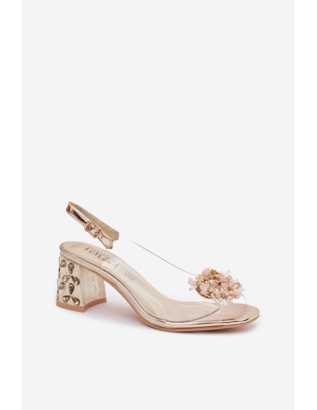 Transparent Block Heel Sandals with Crystals Vinceza 70124 Gold