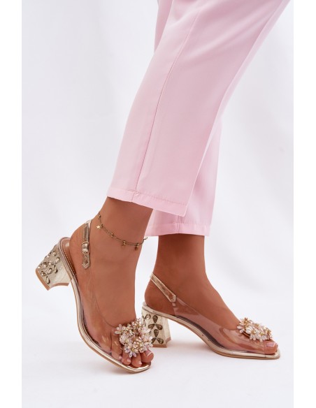 Transparent Block Heel Sandals with Crystals Vinceza 70124 Gold