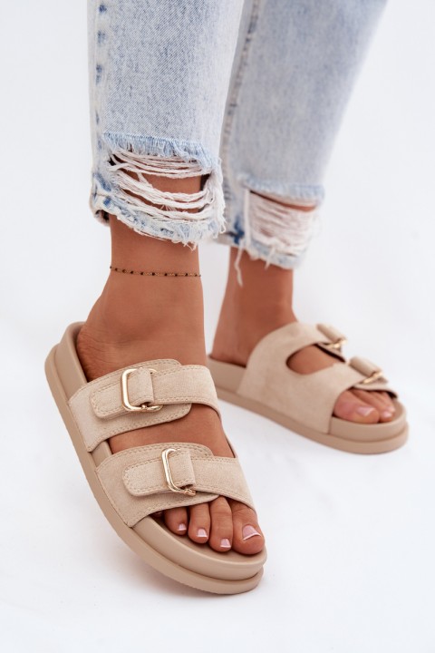 Women's Beige Slippers With Gold Buckles Pelorin