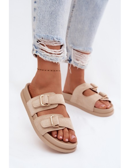 Women's Beige Slippers With Gold Buckles Pelorin
