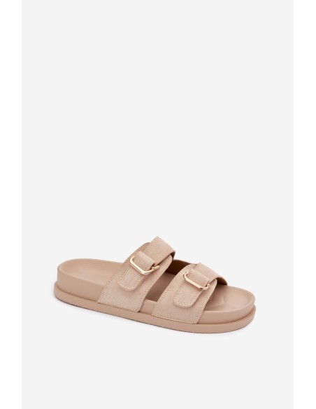 Women's Beige Slippers With Gold Buckles Pelorin