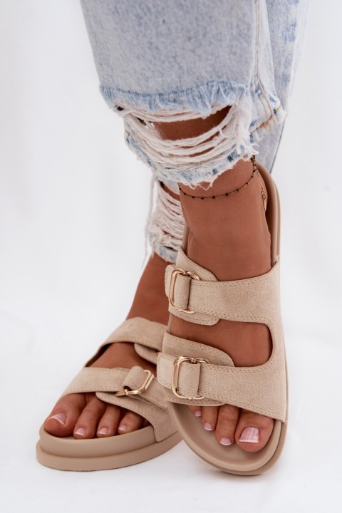 Women's Beige Slippers With Gold Buckles Pelorin