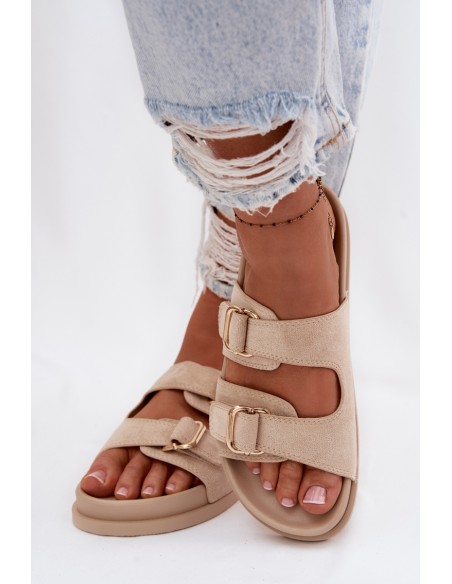 Women's Beige Slippers With Gold Buckles Pelorin