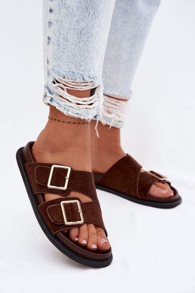 Women's Faux Suede Slippers With Gold Buckles Chocolate Selissea