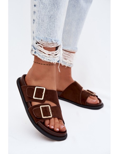 Women's Faux Suede Slippers With Gold Buckles Chocolate Selissea