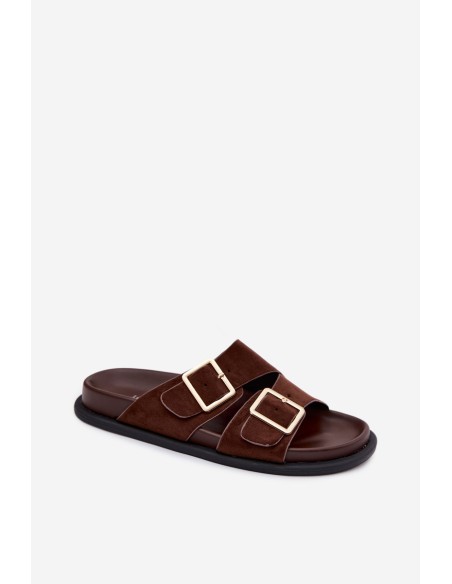 Women's Faux Suede Slippers With Gold Buckles Chocolate Selissea