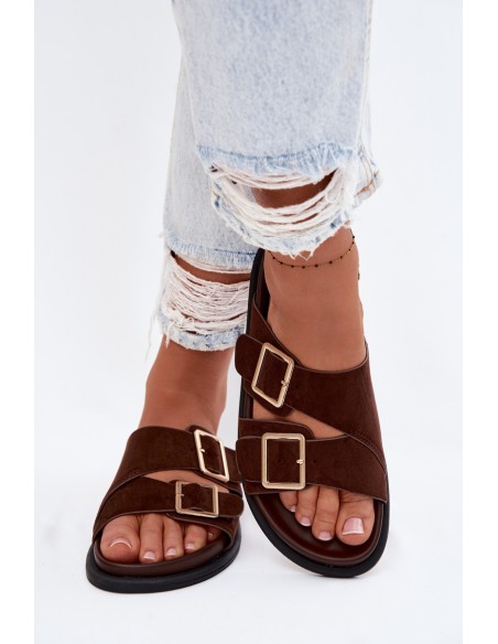 Women's Faux Suede Slippers With Gold Buckles Chocolate Selissea
