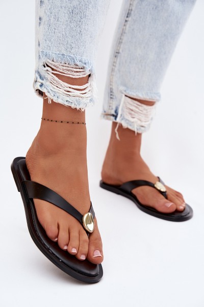 Women's Flat Flip Flops With Gold Detail Black Tella