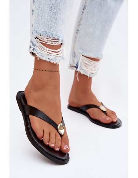 Women's Flat Flip Flops With Gold Detail Black Tella