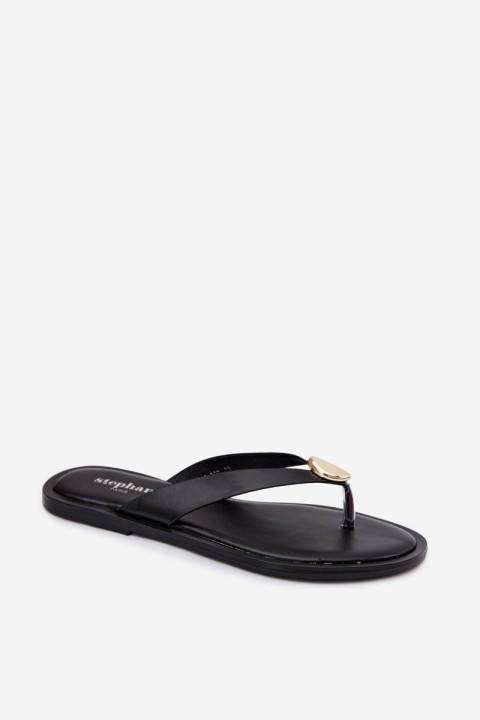 Women's Flat Flip Flops With Gold Detail Black Tella