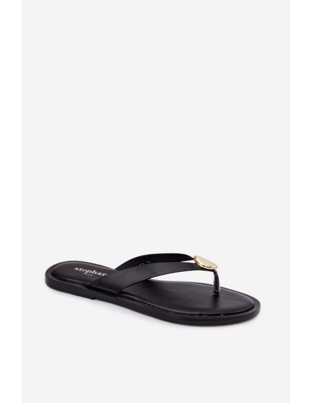 Women's Flat Flip Flops With Gold Detail Black Tella