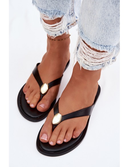 Women's Flat Flip Flops With Gold Detail Black Tella