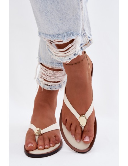 Women's Flat Flip Flops With Gold Detail Light Beige Tella