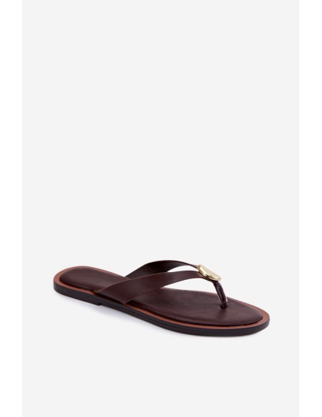 Women's Flat Flip Flops With Gold Detail Chocolate Tella