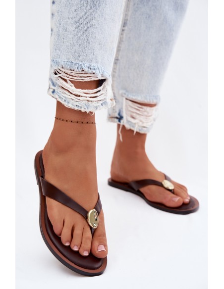 Women's Flat Flip Flops With Gold Detail Chocolate Tella