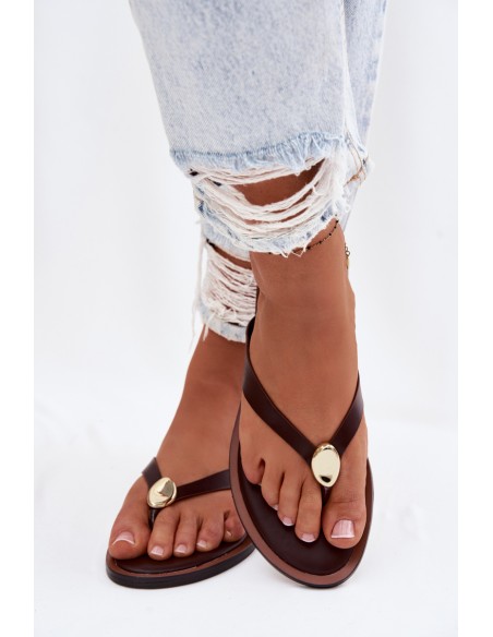 Women's Flat Flip Flops With Gold Detail Chocolate Tella