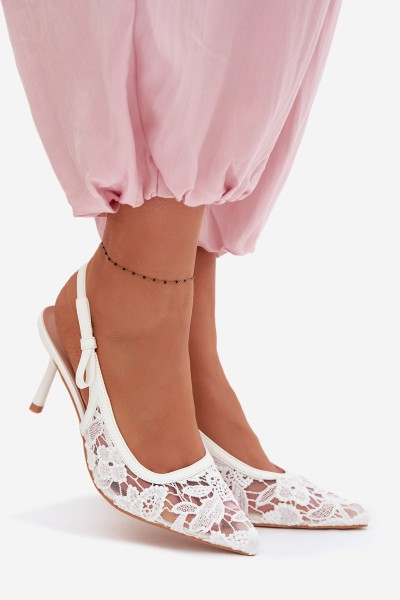 Women's Heeled Sandals With Lace White Pelivelle