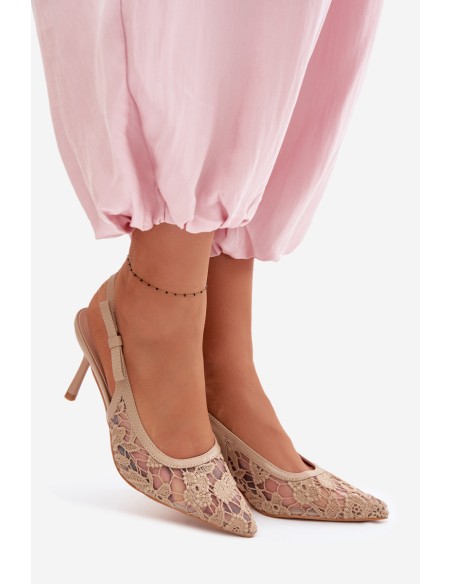 Women's High Heeled Sandals With Lace Dark Beige Pelivelle