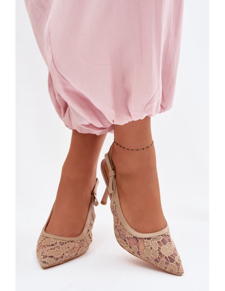 Women's High Heeled Sandals With Lace Dark Beige Pelivelle