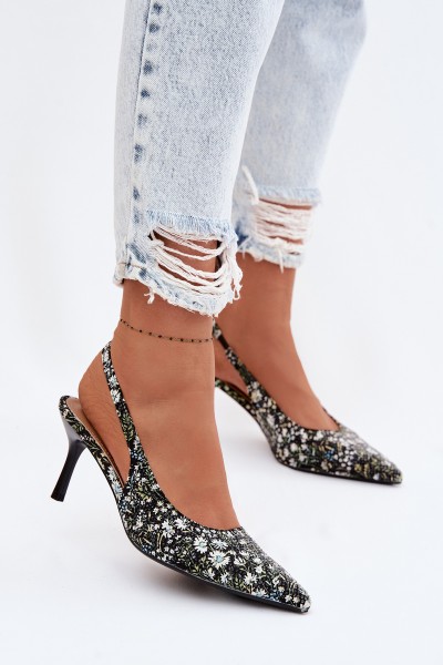 Decorated Women's High Heel Sandals With Flowers Black Olivelle