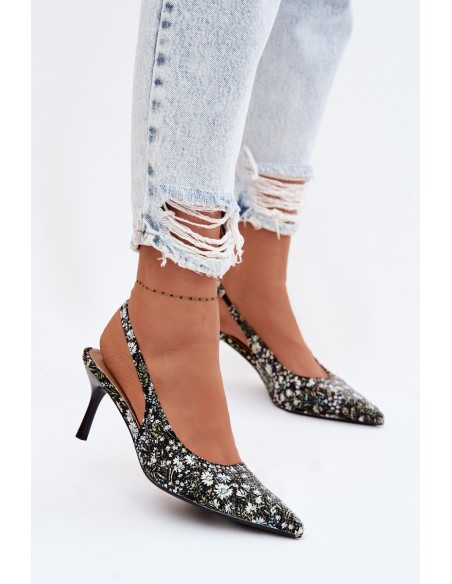 Decorated Women's High Heel Sandals With Flowers Black Olivelle