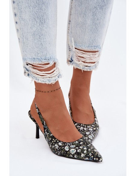 Decorated Women's High Heel Sandals With Flowers Black Olivelle
