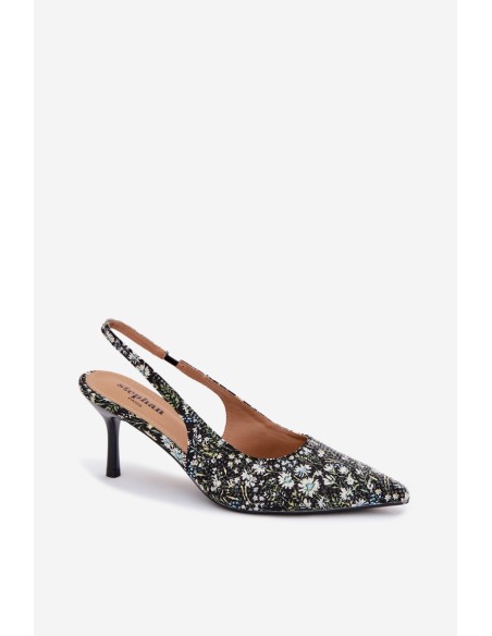 Decorated Women's High Heel Sandals With Flowers Black Olivelle