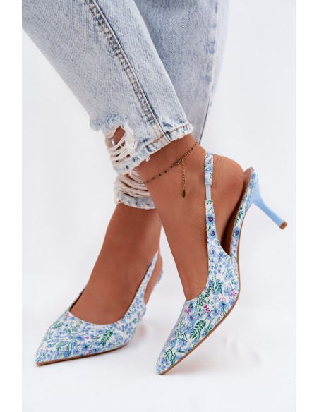 Embellished Women's Heeled Sandals With Flowers Blue Olivelle