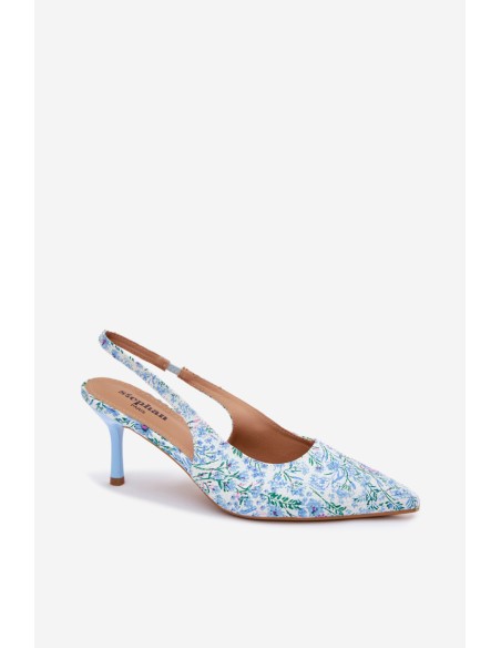 Embellished Women's Heeled Sandals With Flowers Blue Olivelle