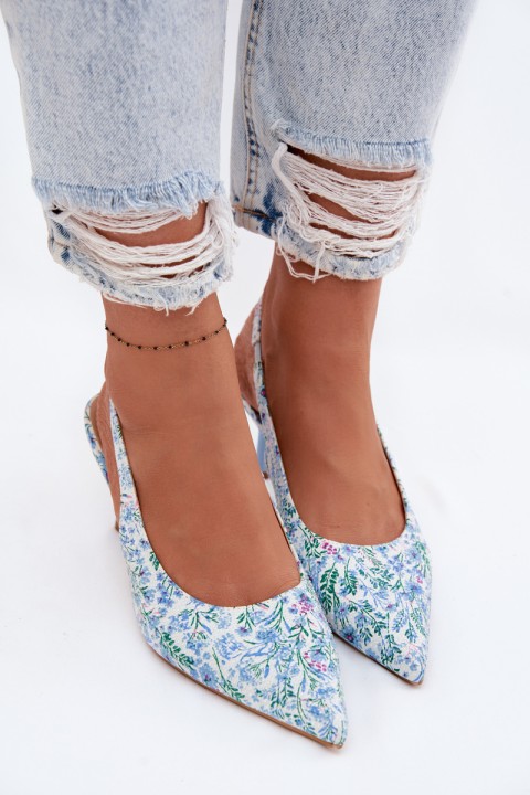 Embellished Women's Heeled Sandals With Flowers Blue Olivelle