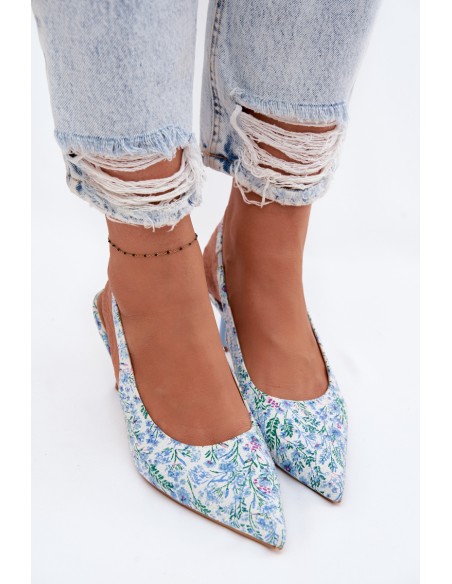 Embellished Women's Heeled Sandals With Flowers Blue Olivelle